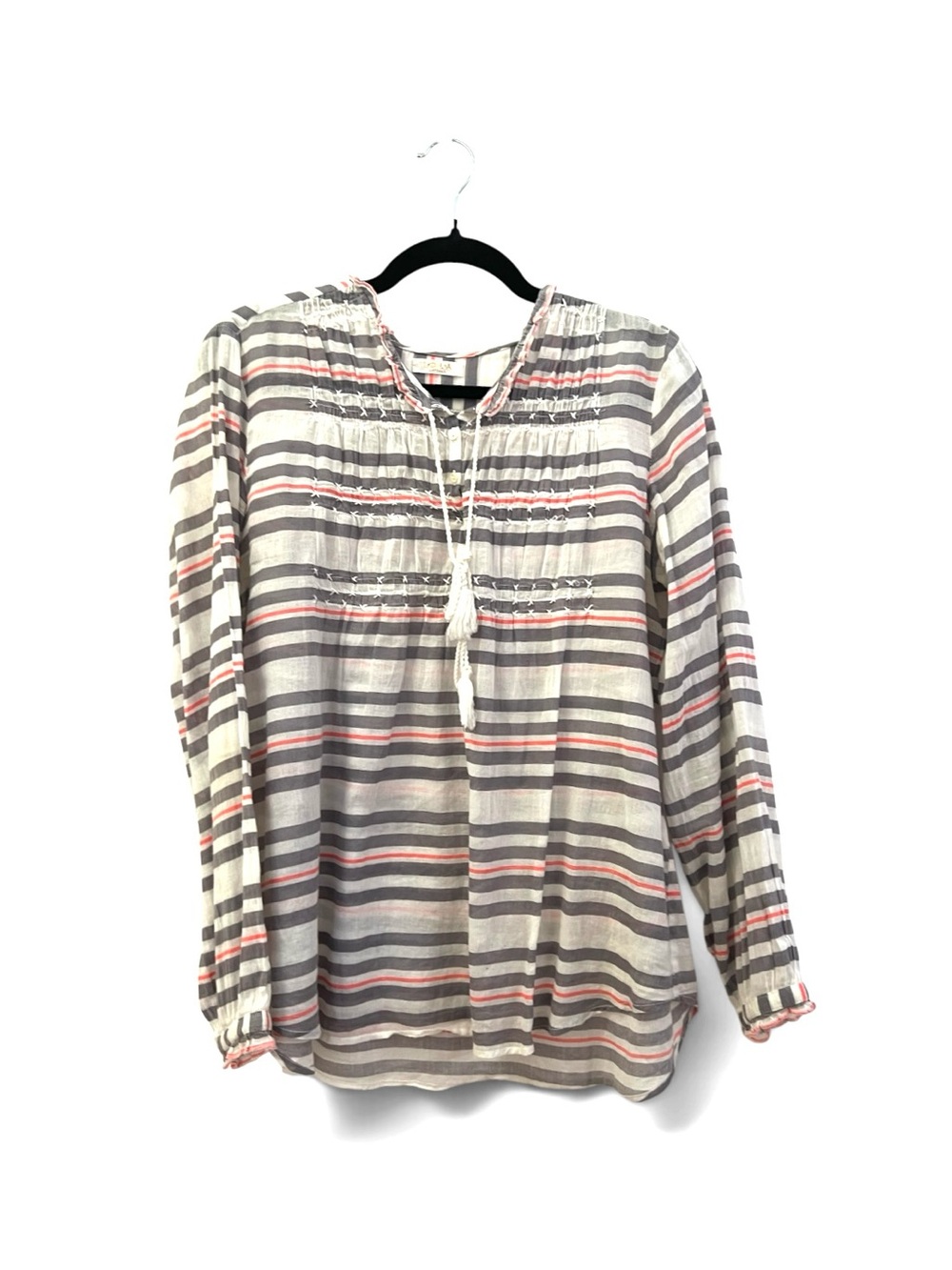 LOLA Australia Striped Light Cotton Boho X Stitch Smocked Peasant Blouse Top M